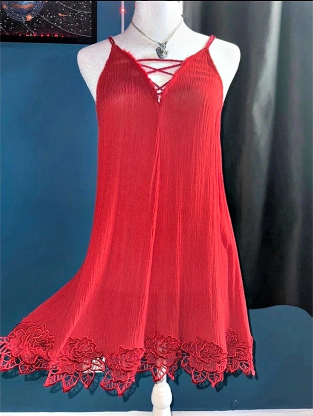 Free People Red Lace-Hem Mini Dress